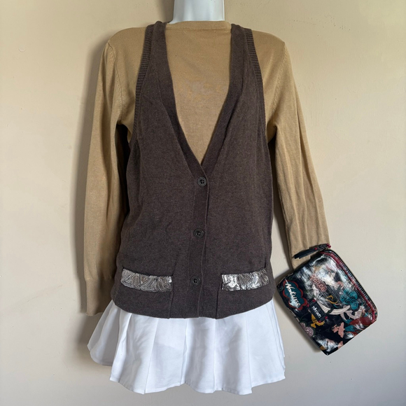 Hollister Vintage Y2K Brown Taupe Cardigan Sweater with Silver Sequins, Size S - Picture 4 of 16